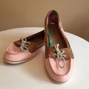 Pink patent leather boat shoes